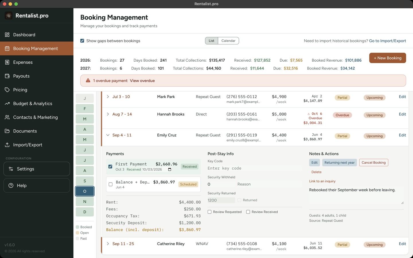 Booking Management: the year's totals, a list of bookings and one booking opened to show its payments