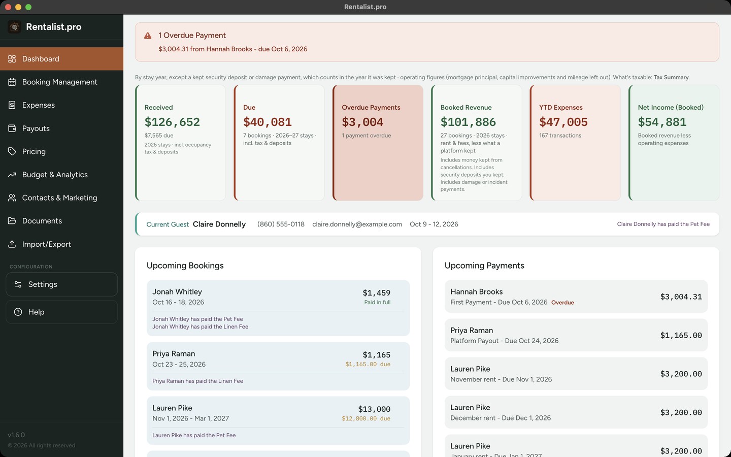 Rentalist Dashboard: a warning about one overdue payment, then money received, money due, overdue payments, booked revenue, expenses this year and net income, the guest staying now, and upcoming bookings with the pet and linen fees each guest has paid, beside upcoming payments