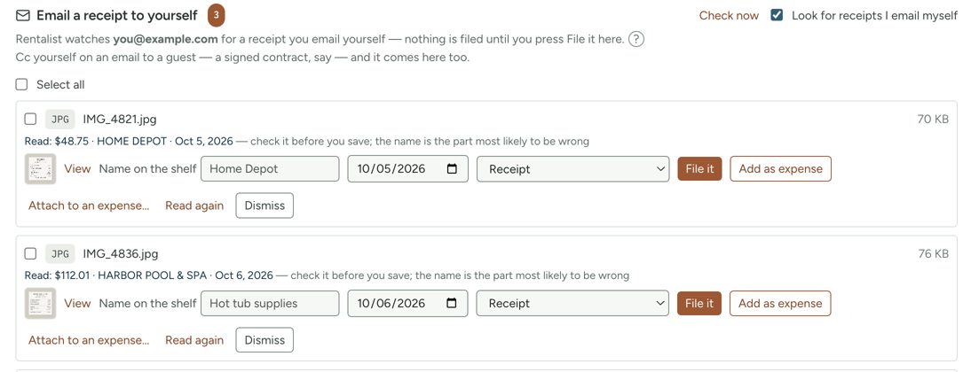 Documents screen: two receipts that arrived by email, each showing what Rentalist read from it, such as $48.75, Home Depot, Oct 5, 2026, with Add as expense