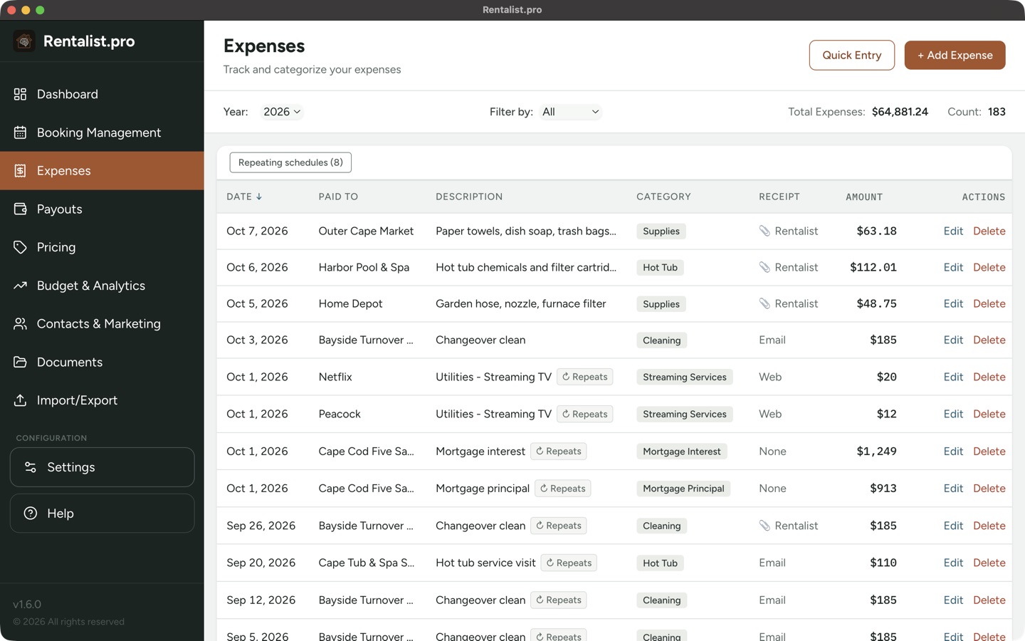 Expenses screen: each expense with date, who was paid, description, category, receipt and amount, newest first