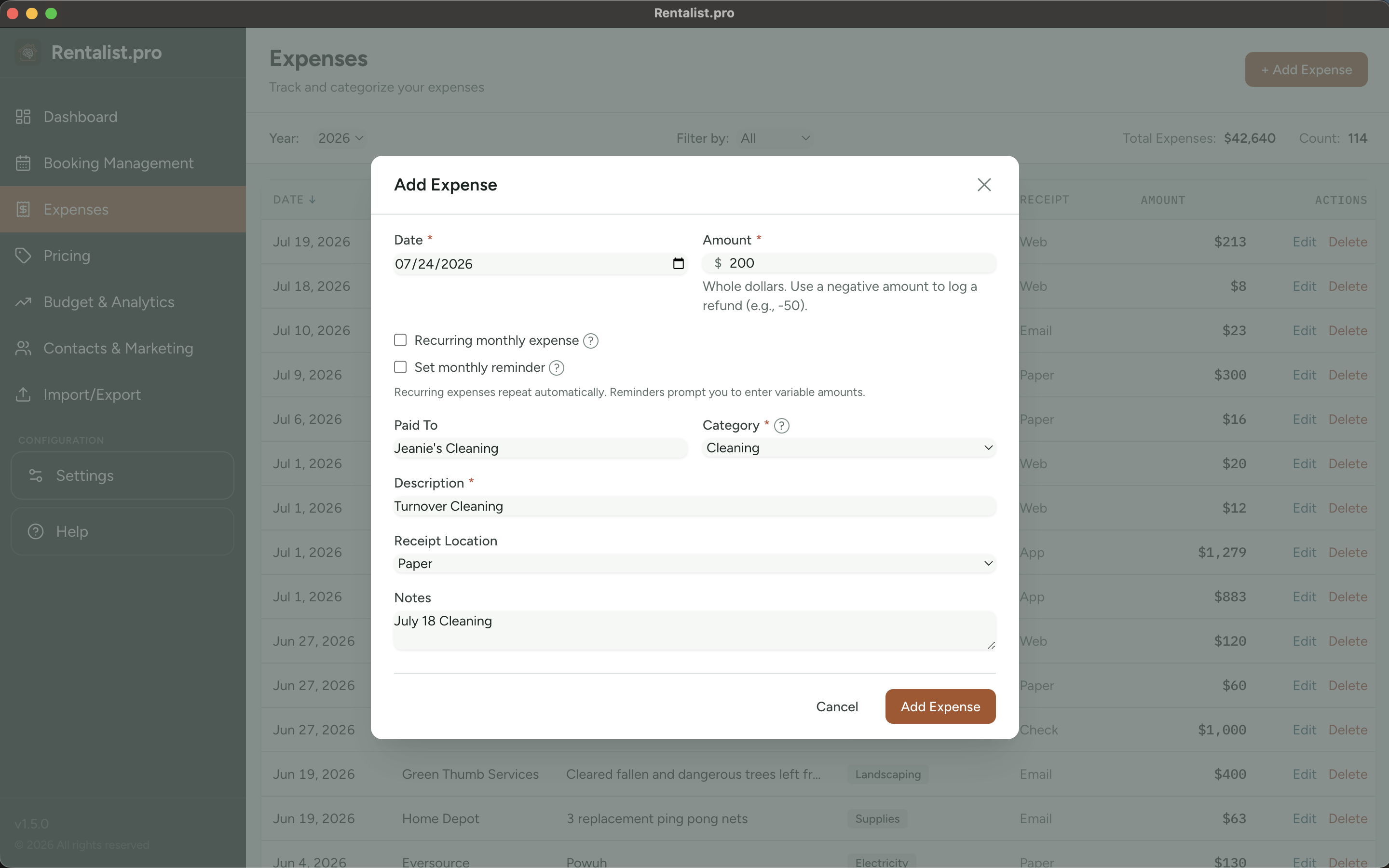 Rentalist Add Expense form showing date, amount, property, paid to, category, and receipt fields