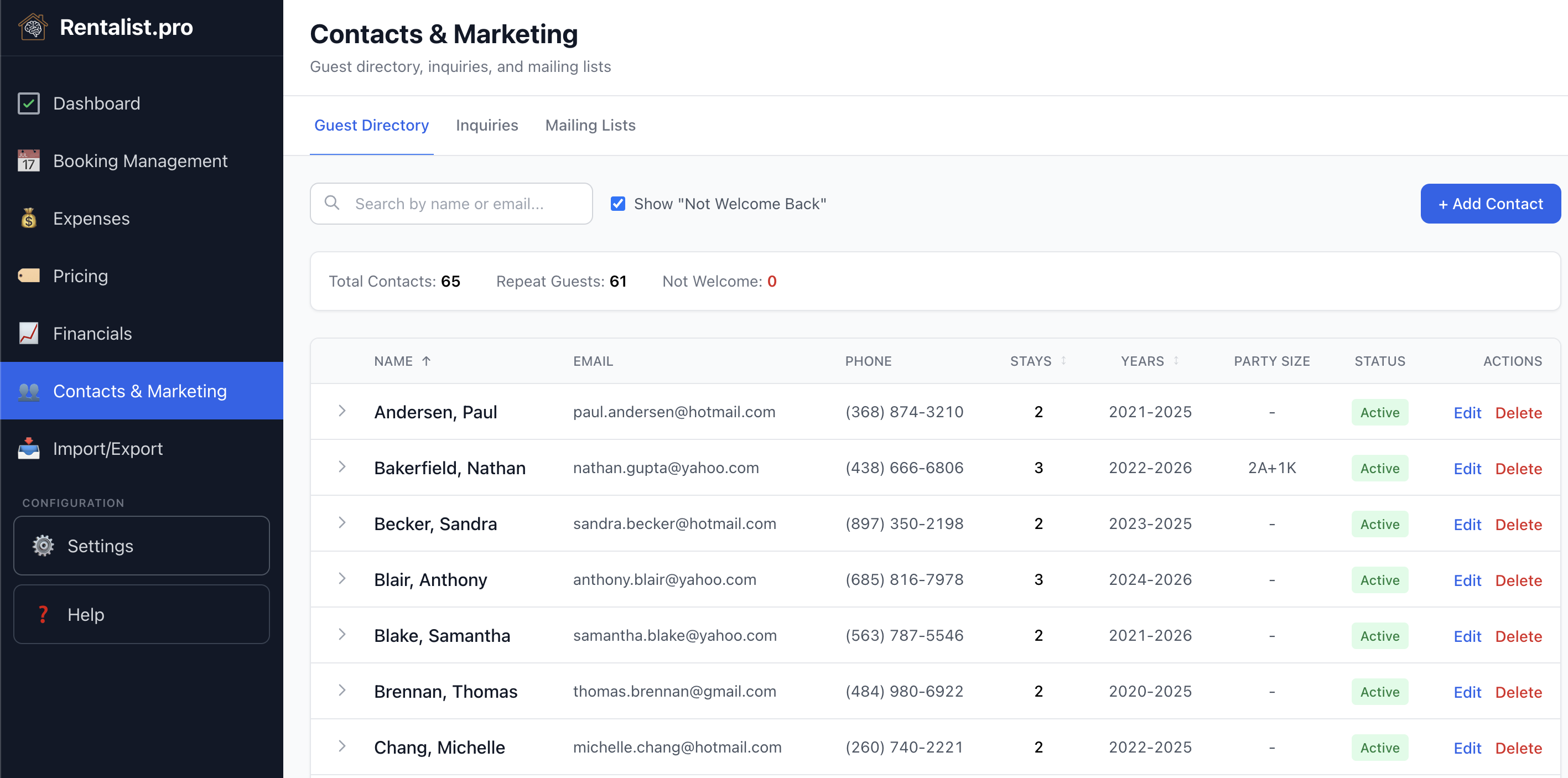 Rentalist Contact List showing guest directory with booking history