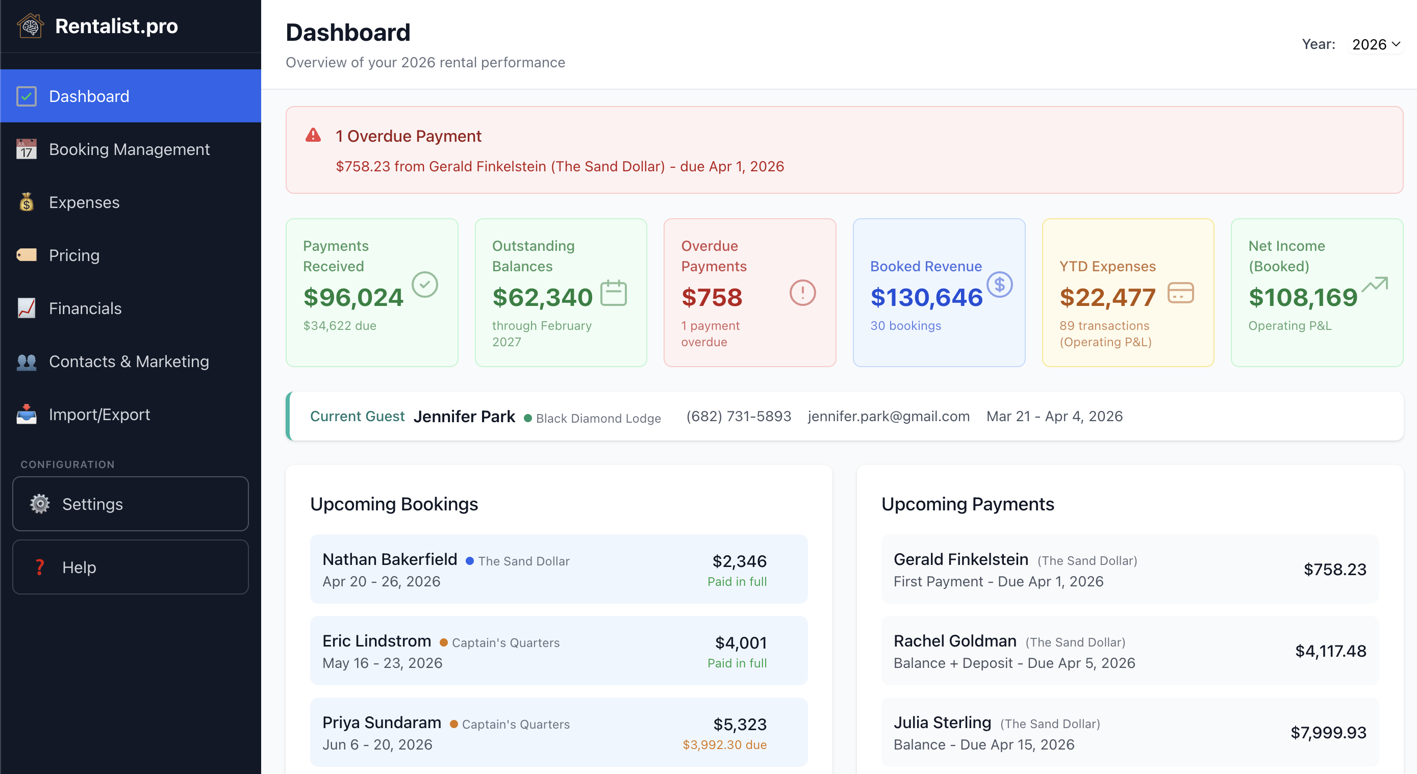 Rentalist Dashboard — financial overview across three properties with payment tracking and overdue alerts