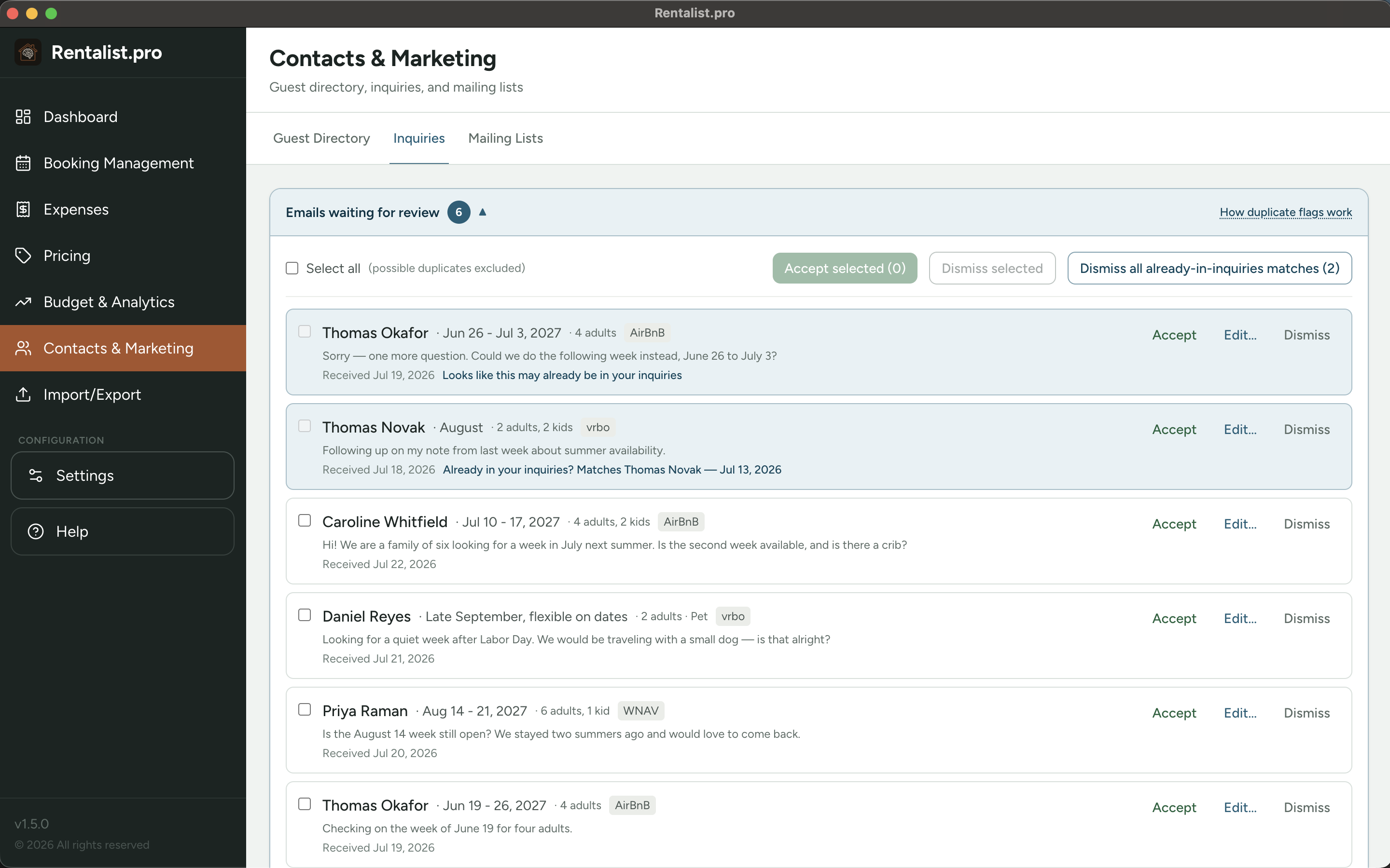 Rentalist inquiry review tray — booking-site inquiry emails parsed and ready to accept, edit, or dismiss
