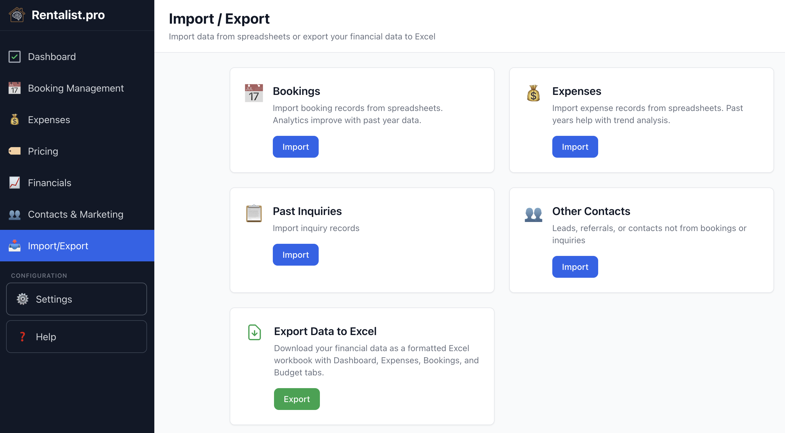 Rentalist Import and Export screen