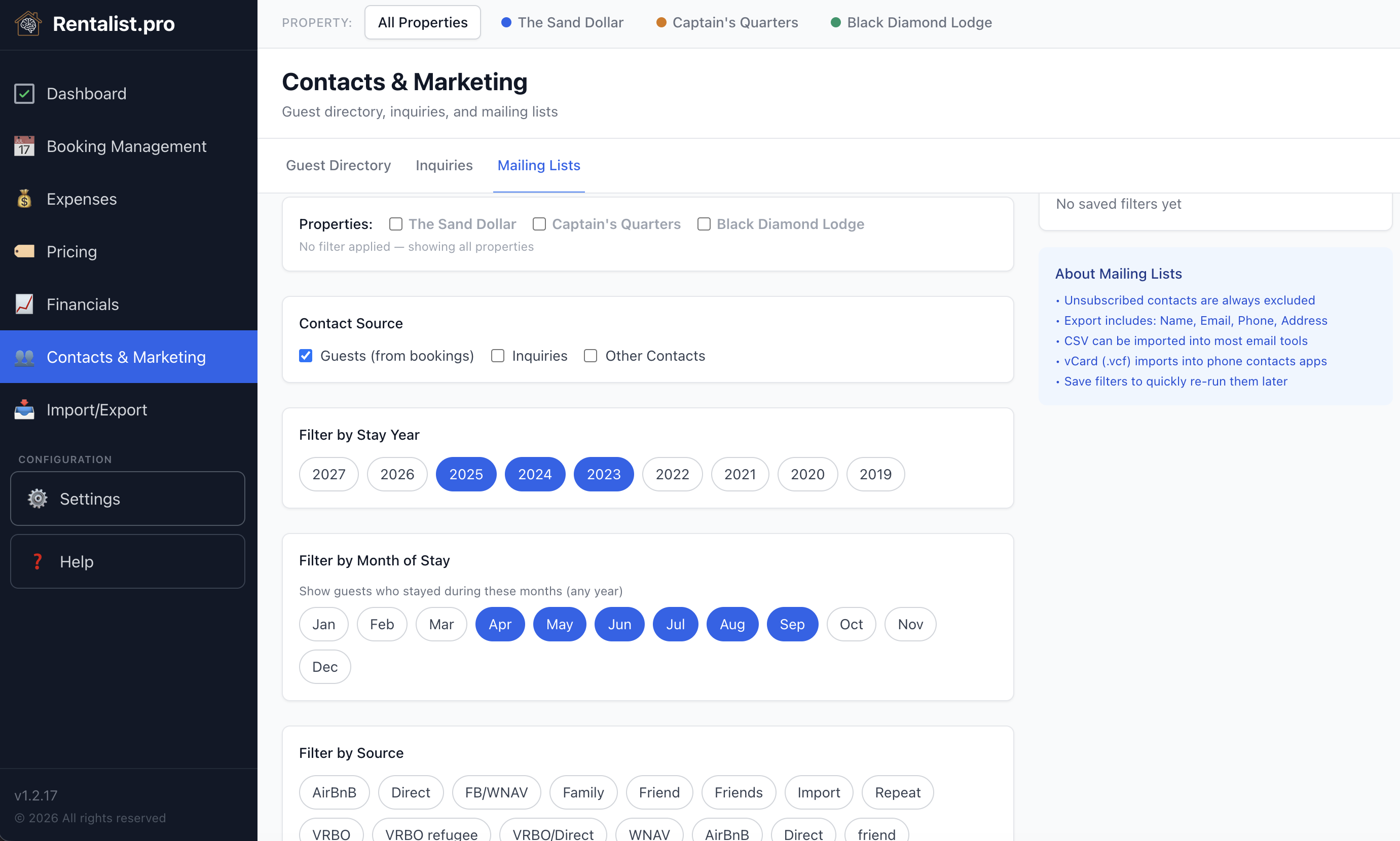 Rentalist Mailing List Builder — filter builder with stay year, month, booking source, and party size filters across three properties