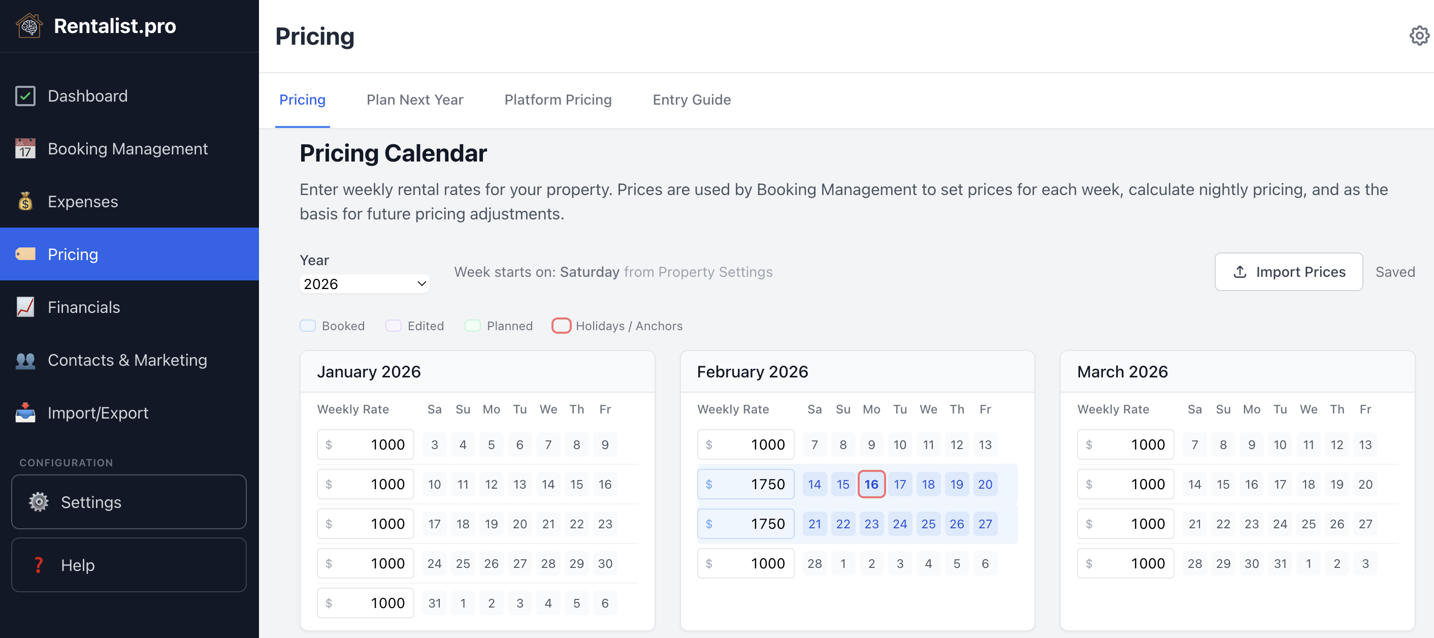 Rentalist Pricing Calendar showing weekly rates by season