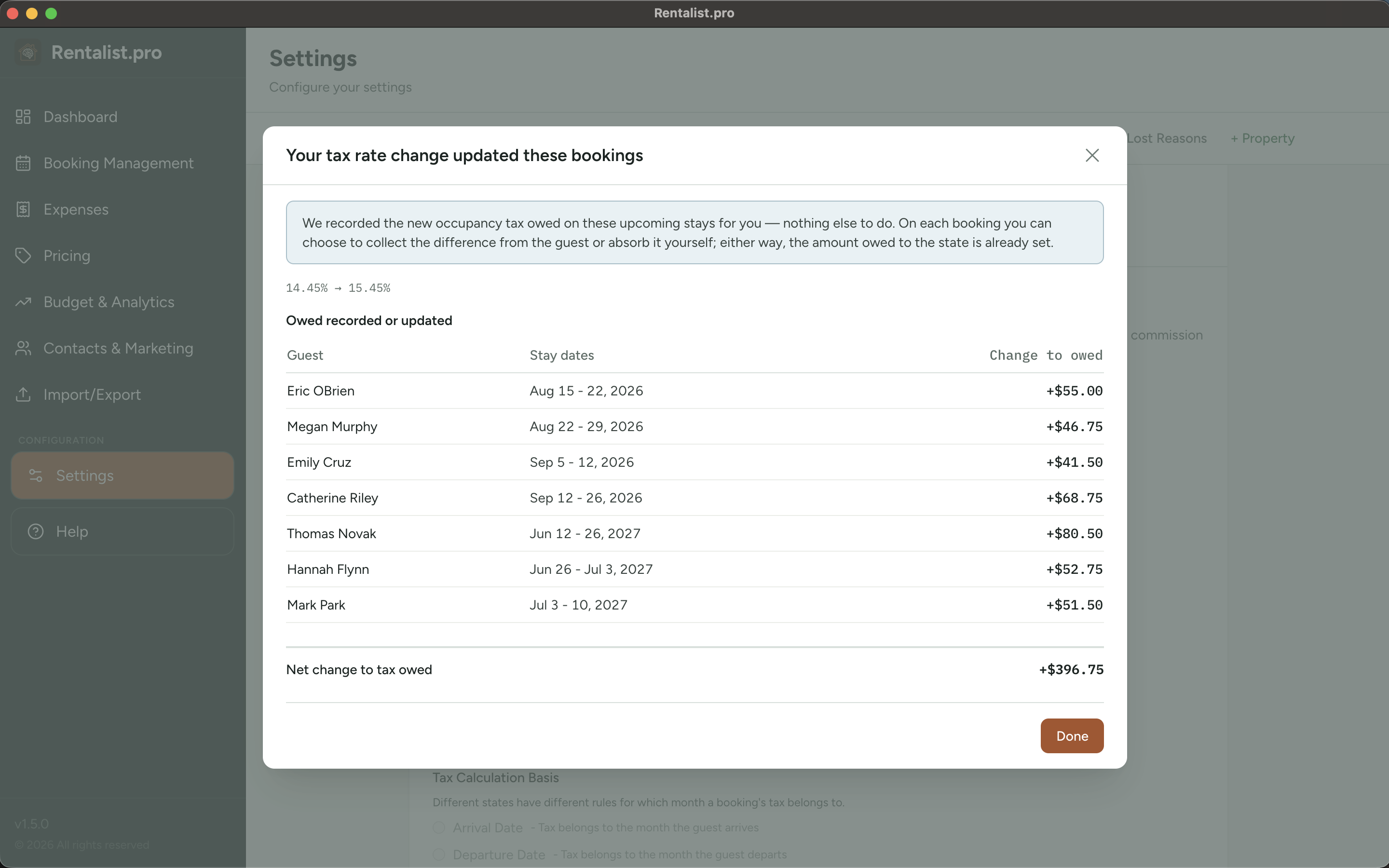 Rentalist summary after an occupancy tax rate change, listing the upcoming bookings whose tax difference was recorded automatically
