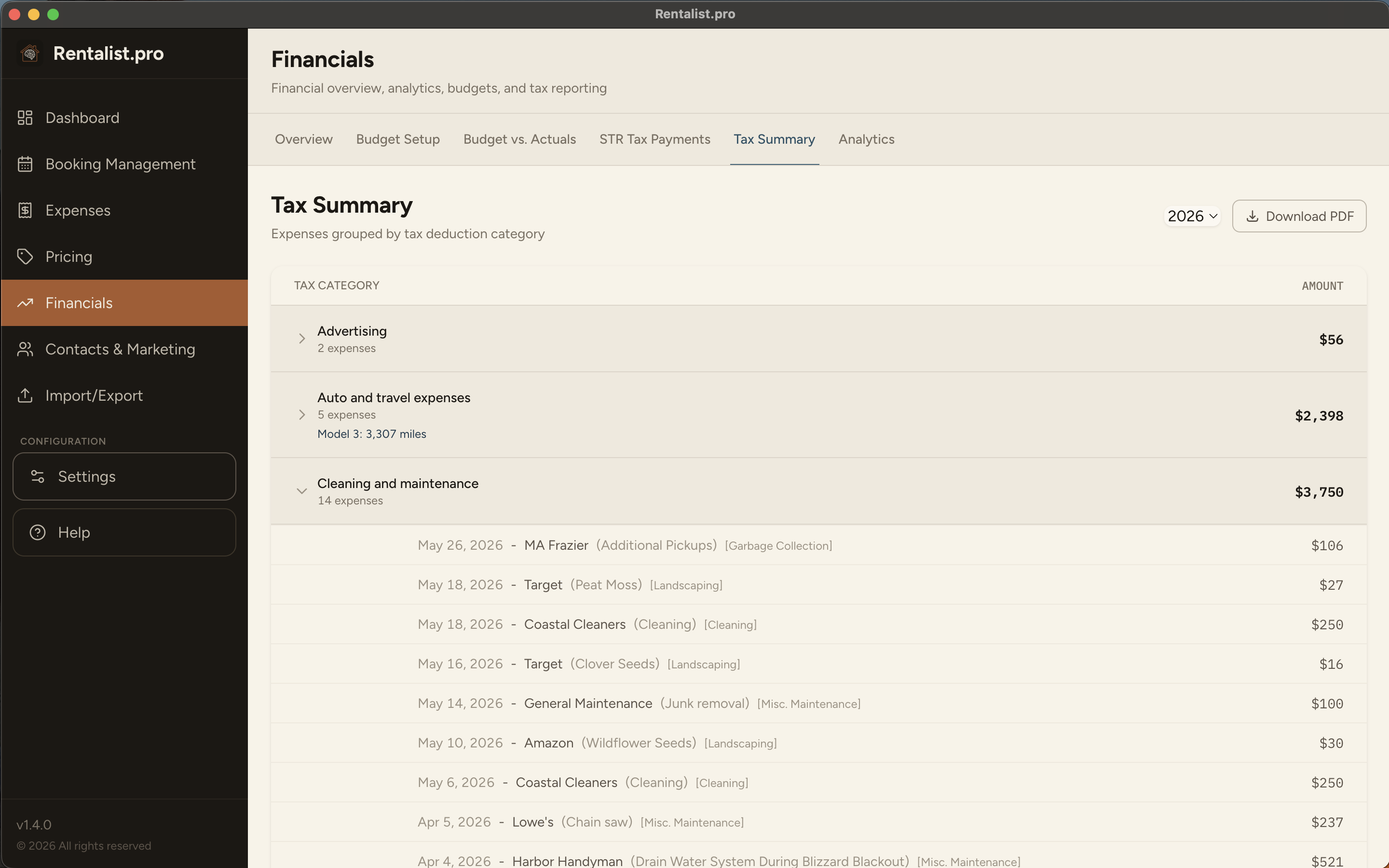 Rentalist Tax Summary — expenses grouped by IRS tax deduction category with totals, ready to hand to an accountant